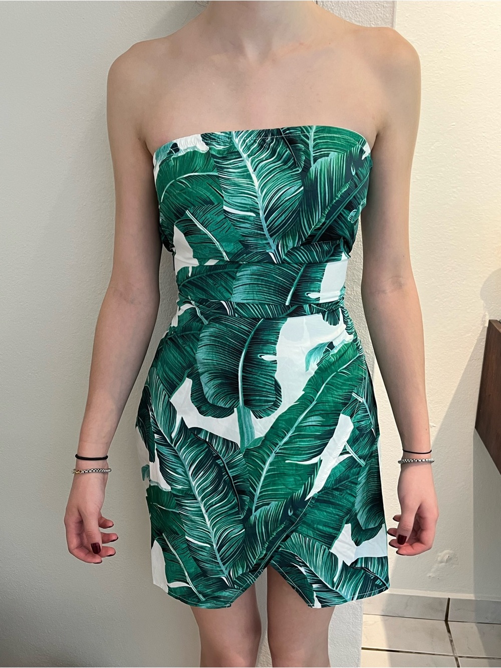 Parisian Women's Strapless Mini Dress, Palm Tree Leave Summer Tropical Sz 6, NWT
